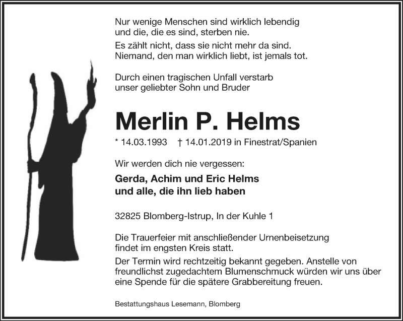  Traueranzeige für Merlin P. Helms vom 02.02.2019 aus Lippische Landes-Zeitung