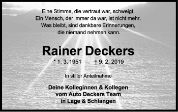 Anzeige  Rainer Deckers  Lippische Landes-Zeitung