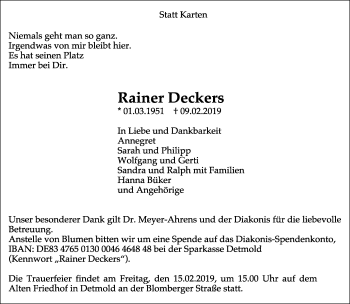 Anzeige  Rainer Deckers  Lippische Landes-Zeitung