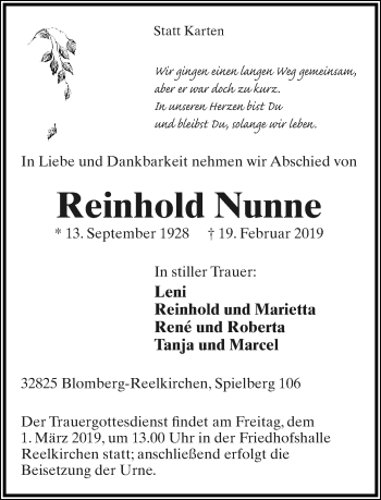 Anzeige  Reinhold Nunne  Lippische Landes-Zeitung