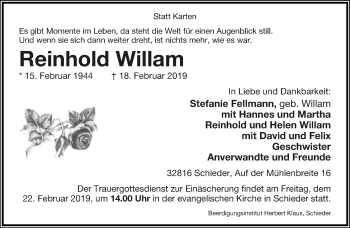 Anzeige  Reinhold Willam  Lippische Landes-Zeitung