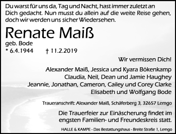 Anzeige  Renate Maiß  Lippische Landes-Zeitung