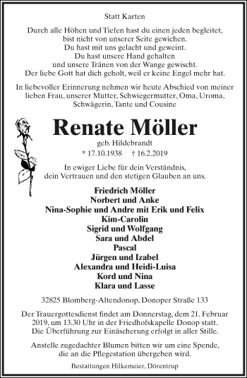 Anzeige  Renate Möller  Lippische Landes-Zeitung