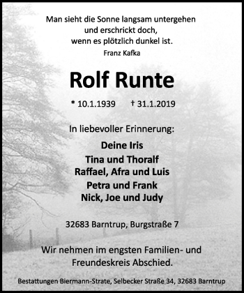 Anzeige  Rolf Runte  Lippische Landes-Zeitung