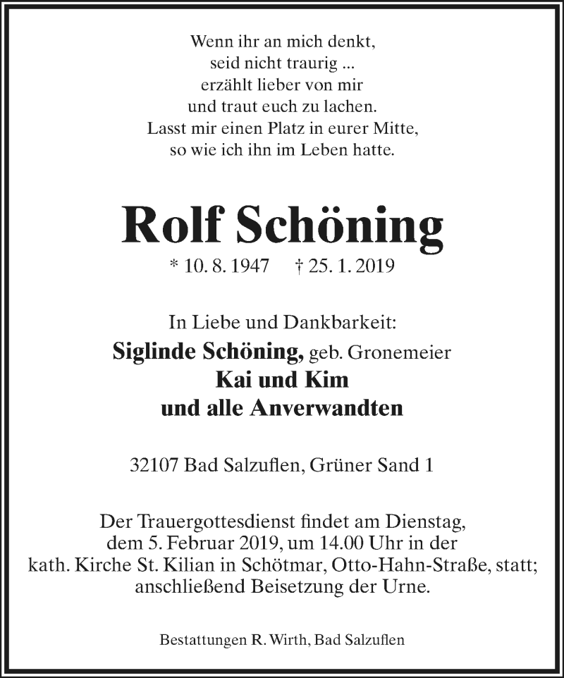  Traueranzeige für Rolf Schöning vom 02.02.2019 aus Lippische Landes-Zeitung