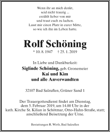 Anzeige  Rolf Schöning  Lippische Landes-Zeitung