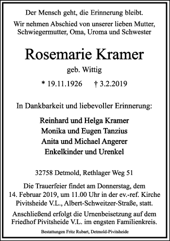 Anzeige  Rosemarie Kramer  Lippische Landes-Zeitung