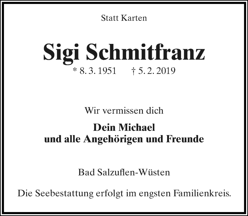  Traueranzeige für Sigi Schmitfranz vom 09.02.2019 aus Lippische Landes-Zeitung