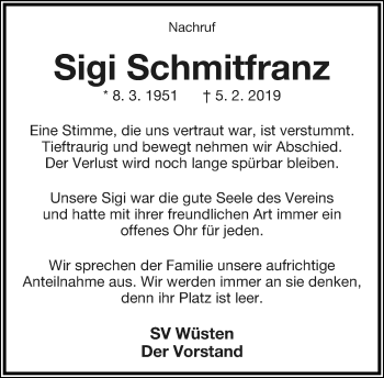Anzeige  Sigi Schmitfranz  Lippische Landes-Zeitung