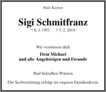 Anzeige  Sigi Schmitfranz  Lippische Landes-Zeitung