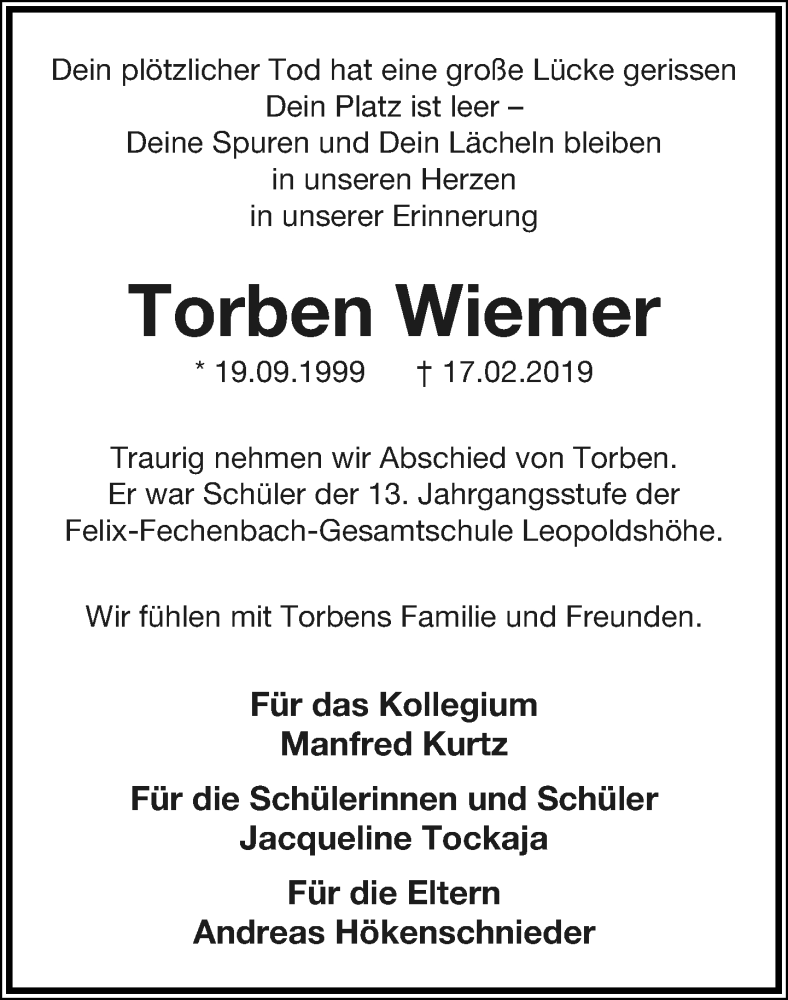  Traueranzeige für Torben Wiemer vom 21.02.2019 aus Lippische Landes-Zeitung