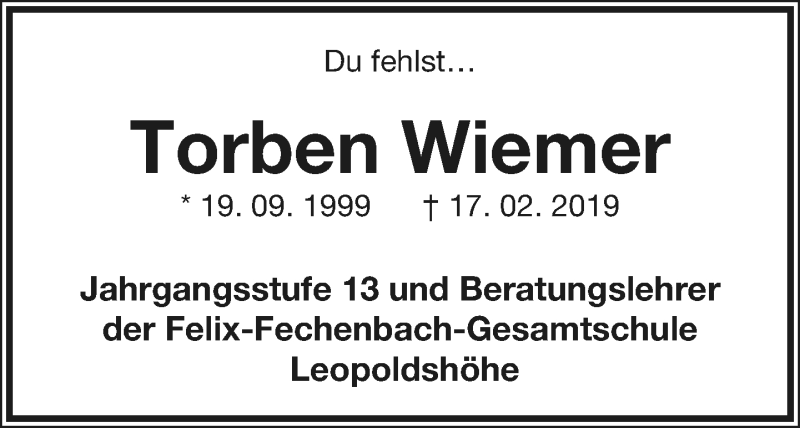  Traueranzeige für Torben Wiemer vom 21.02.2019 aus Lippische Landes-Zeitung