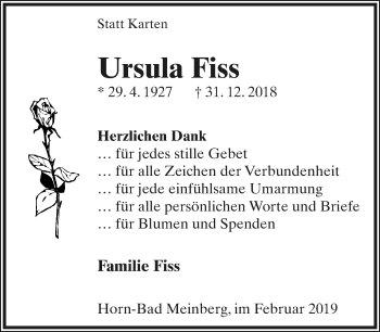 Anzeige  Ursula Fiss  Lippische Landes-Zeitung