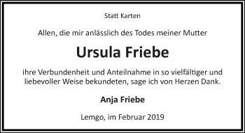 Anzeige  Ursula Friebe  Lippische Landes-Zeitung