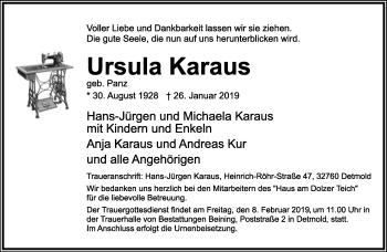 Anzeige  Ursula Karaus  Lippische Landes-Zeitung