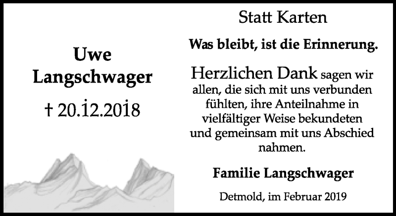  Traueranzeige für Uwe Langschwager vom 13.02.2019 aus Lippische Landes-Zeitung