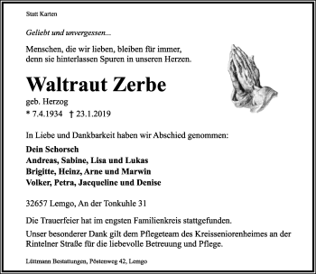 Anzeige  Waltraut Zerbe  Lippische Landes-Zeitung