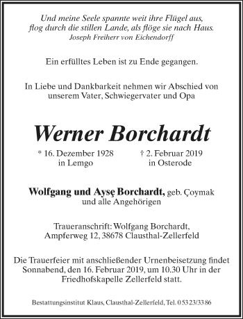 Anzeige  Werner Borchardt  Lippische Landes-Zeitung