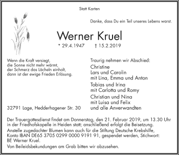 Anzeige  Werner Kruel  Lippische Landes-Zeitung