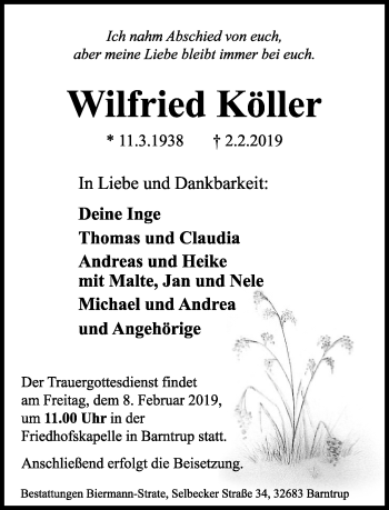 Anzeige  Wilfried Köller  Lippische Landes-Zeitung