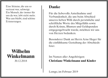 Anzeige  Wilhelm Winkelmann  Lippische Landes-Zeitung