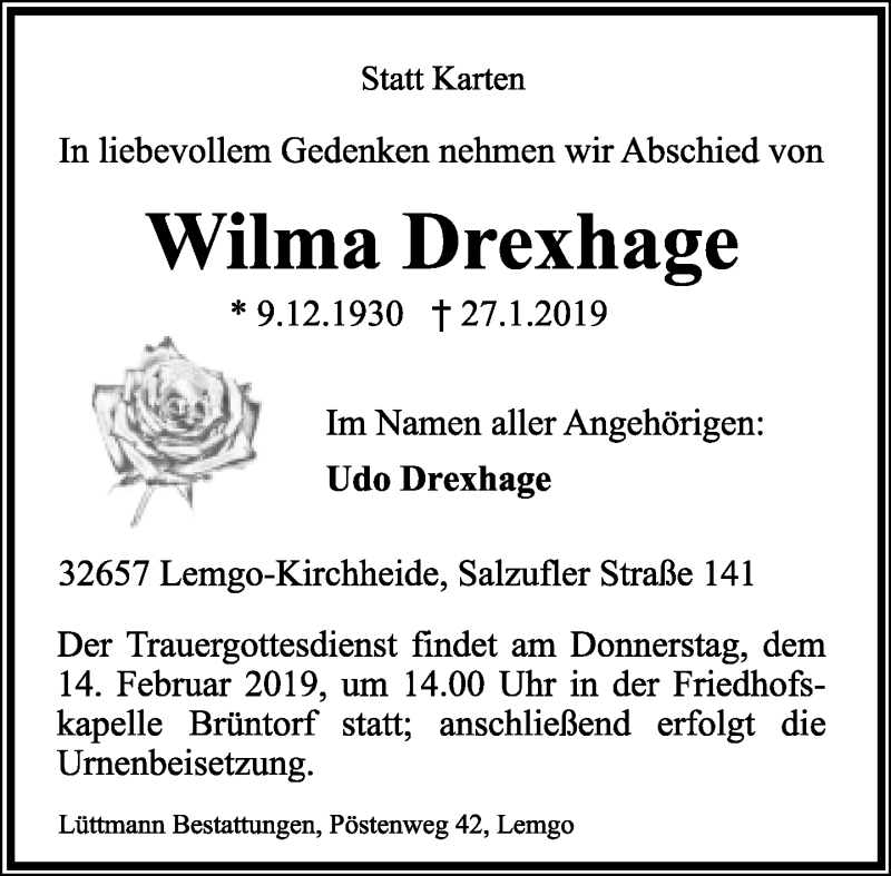  Traueranzeige für Wilma Drexhage vom 09.02.2019 aus Lippische Landes-Zeitung