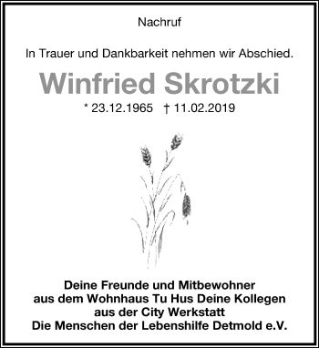 Anzeige  Winfried Skrotzki  Lippische Landes-Zeitung