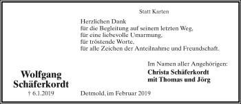 Anzeige  Wolfgang Schäferkordt  Lippische Landes-Zeitung