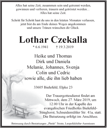 Anzeige  Lothar Czekalla  Lippische Landes-Zeitung