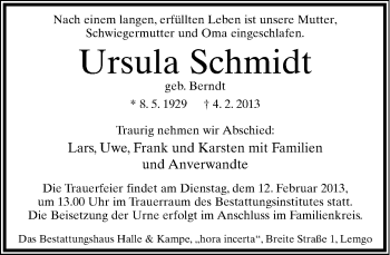 Anzeige  Ursula Schmidt  Lippische Landes-Zeitung