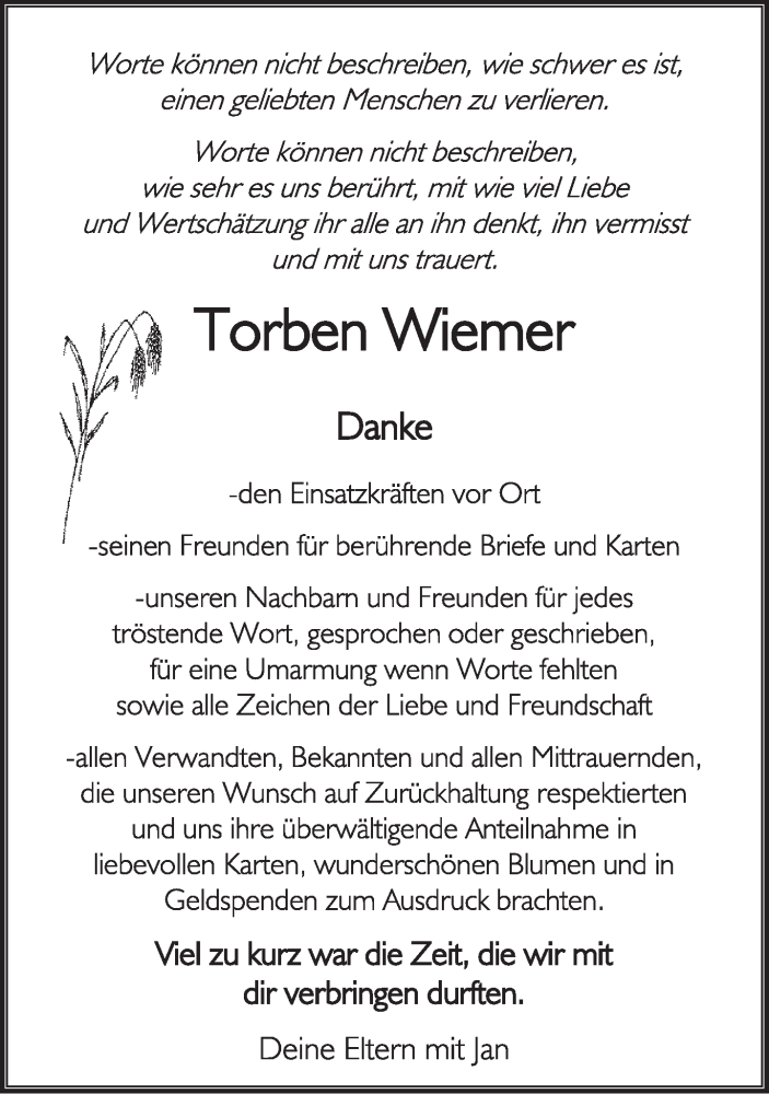  Traueranzeige für Torben Wiemer vom 16.03.2016 aus Lippische Landes-Zeitung