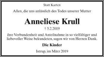 Anzeige  Anneliese Krull  Lippische Landes-Zeitung