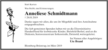 Anzeige  Anneliese Schmidtmann  Lippische Landes-Zeitung