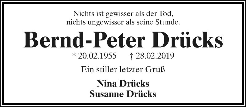  Traueranzeige für Bernd-Peter Drücks vom 09.03.2019 aus Lippische Landes-Zeitung