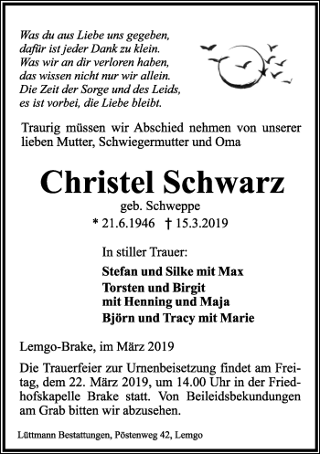 Anzeige  Christel Schwarz  Lippische Landes-Zeitung
