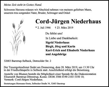 Anzeige  Cord-Jürgen Niederhaus  Lippische Landes-Zeitung