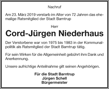 Anzeige  Cord-Jürgen Niederhaus  Lippische Landes-Zeitung