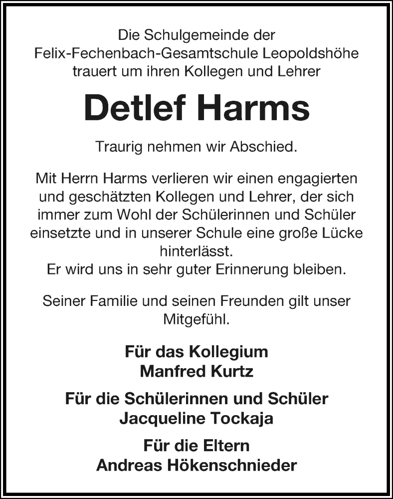  Traueranzeige für Detlef Harms vom 25.03.2019 aus Lippische Landes-Zeitung