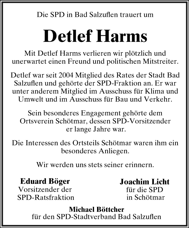  Traueranzeige für Detlef Harms vom 23.03.2019 aus Lippische Landes-Zeitung