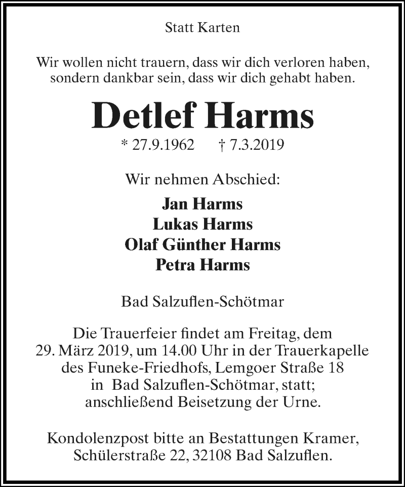  Traueranzeige für Detlef Harms vom 23.03.2019 aus Lippische Landes-Zeitung