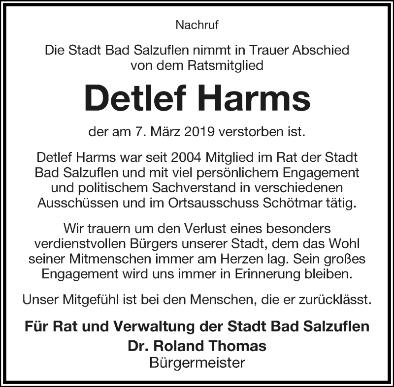  Traueranzeige für Detlef Harms vom 23.03.2019 aus Lippische Landes-Zeitung
