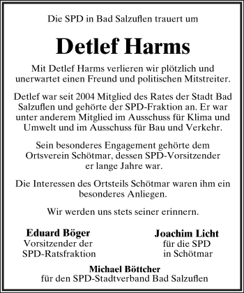 Anzeige  Detlef Harms  Lippische Landes-Zeitung