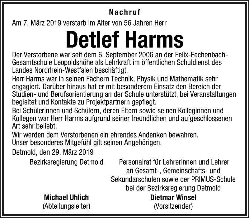  Traueranzeige für Detlef Harms vom 29.03.2019 aus Lippische Landes-Zeitung