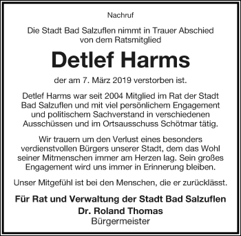 Anzeige  Detlef Harms  Lippische Landes-Zeitung