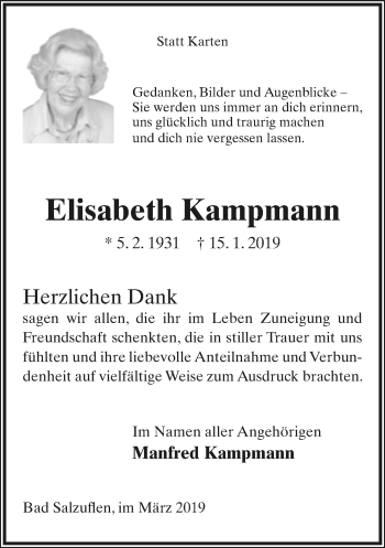 Anzeige  Elisabeth Kampmann  Lippische Landes-Zeitung