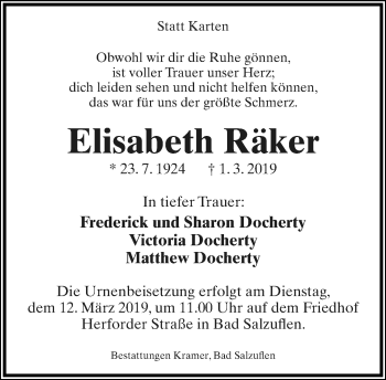Anzeige  Elisabeth Räker  Lippische Landes-Zeitung