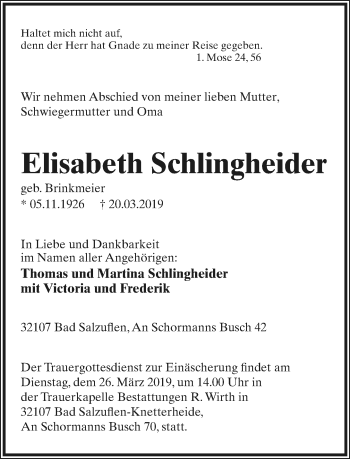 Anzeige  Elisabeth Schlingheider  Lippische Landes-Zeitung