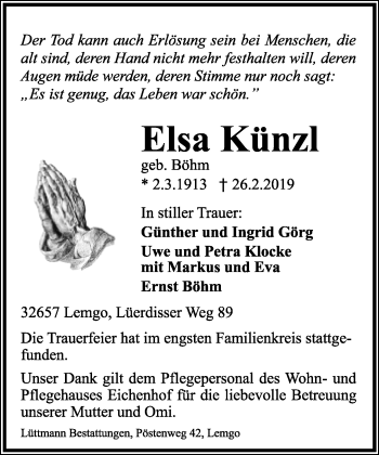Anzeige  Elsa Künzl  Lippische Landes-Zeitung