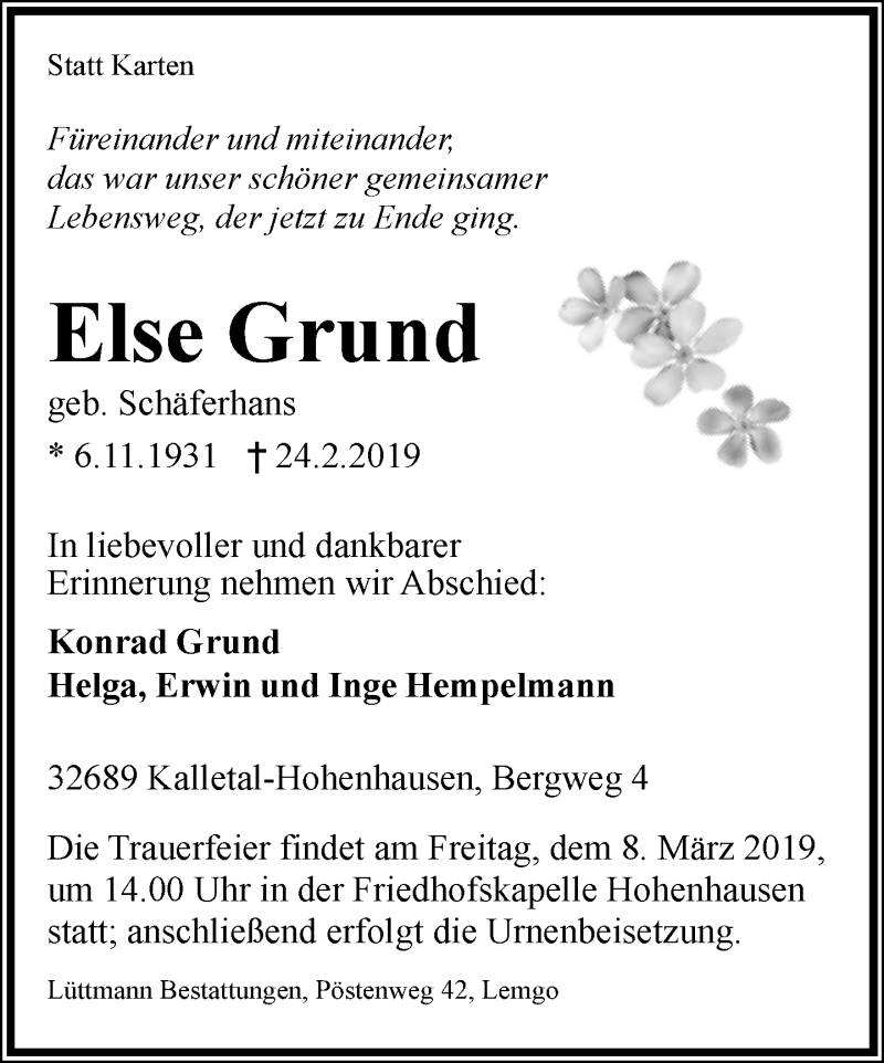  Traueranzeige für Else Grund vom 02.03.2019 aus Lippische Landes-Zeitung
