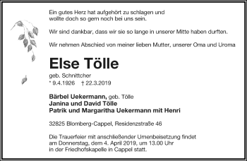Anzeige  Else Tölle  Lippische Landes-Zeitung